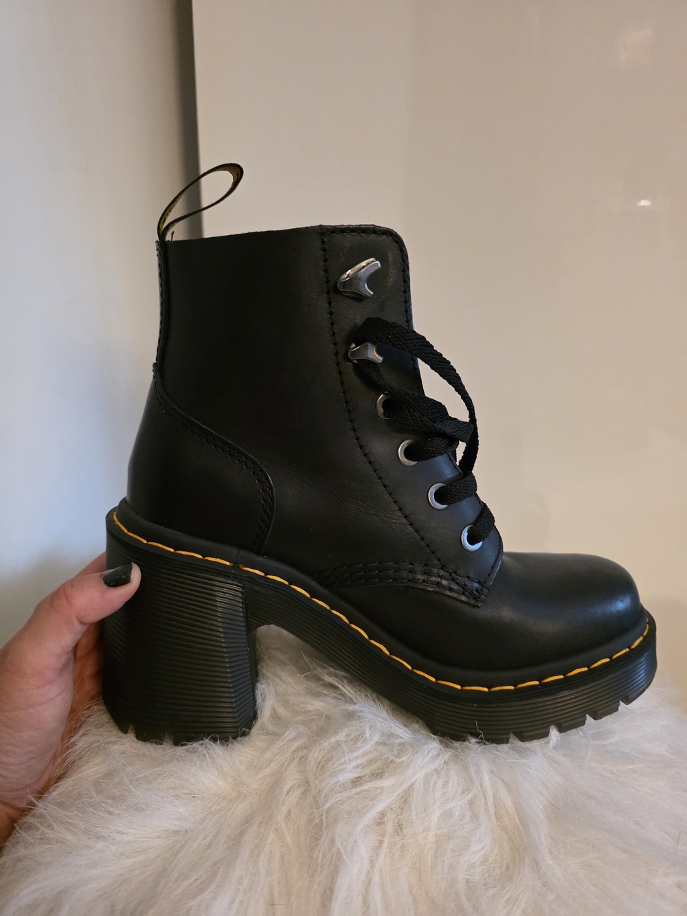 Dr. Martens Black Platform Lace-Up Ankle Boots with Yellow Stitching